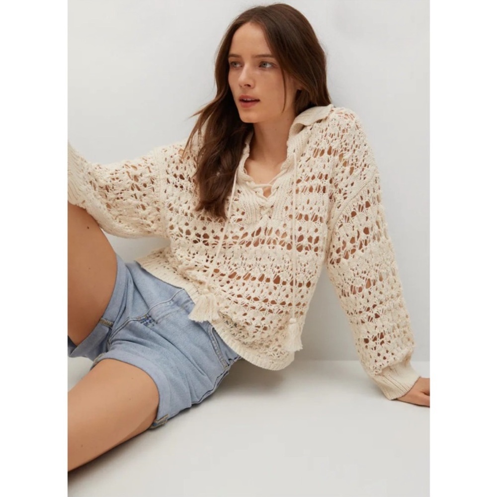 MANGO Cream Openwork Holbox Sweater Crochet Open Knit Lace Up Polo Top S